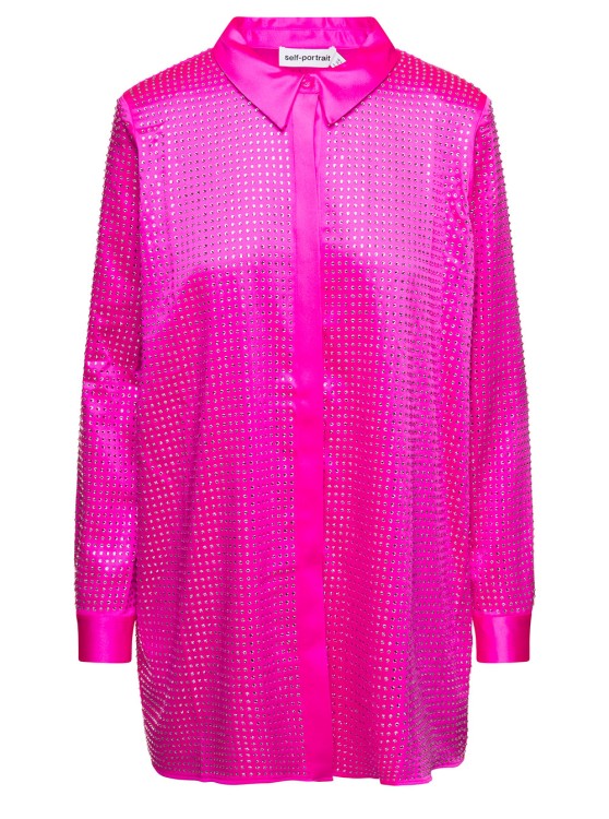 Shop Self-portrait Shirt With All-over Crystal Embellishment In Fuchsia Satin In Pink