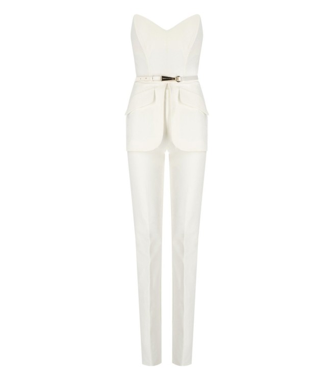 Shop Elisabetta Franchi Ivory Belted Jumpsuit In Neutrals