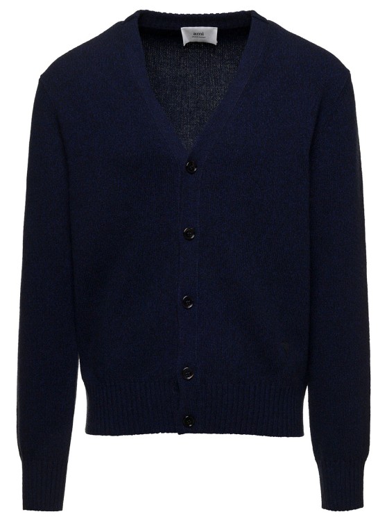 Shop Ami Alexandre Mattiussi Blue Cardigan With Adc Embroidery In Cashmere And Wool Blend Man