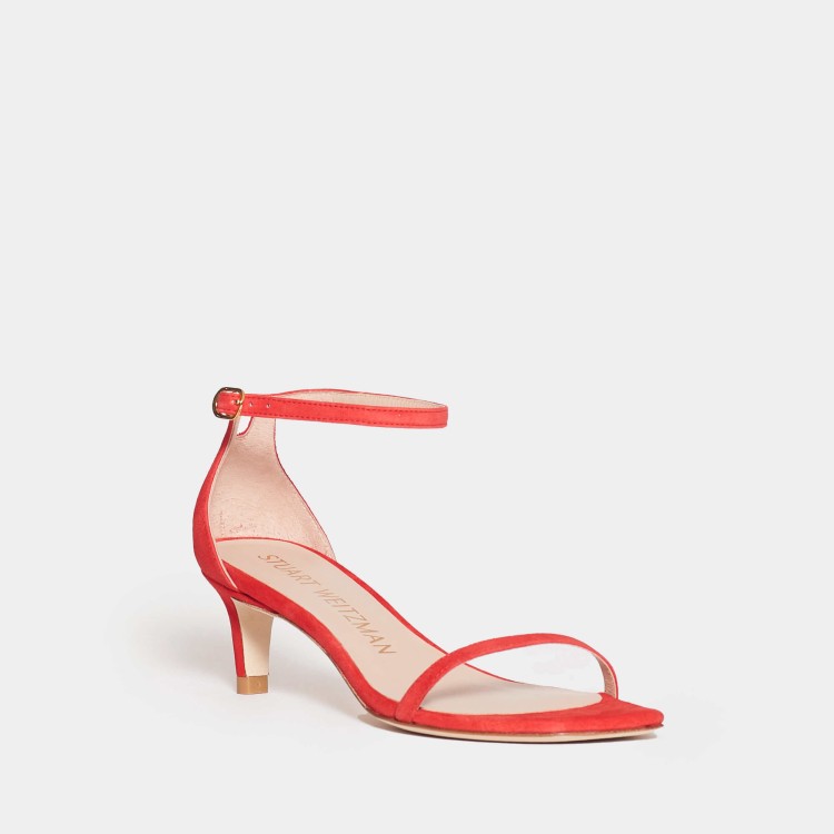 Shop Stuart Weitzman 50mm Heel Sandals In Coral Suede In Red
