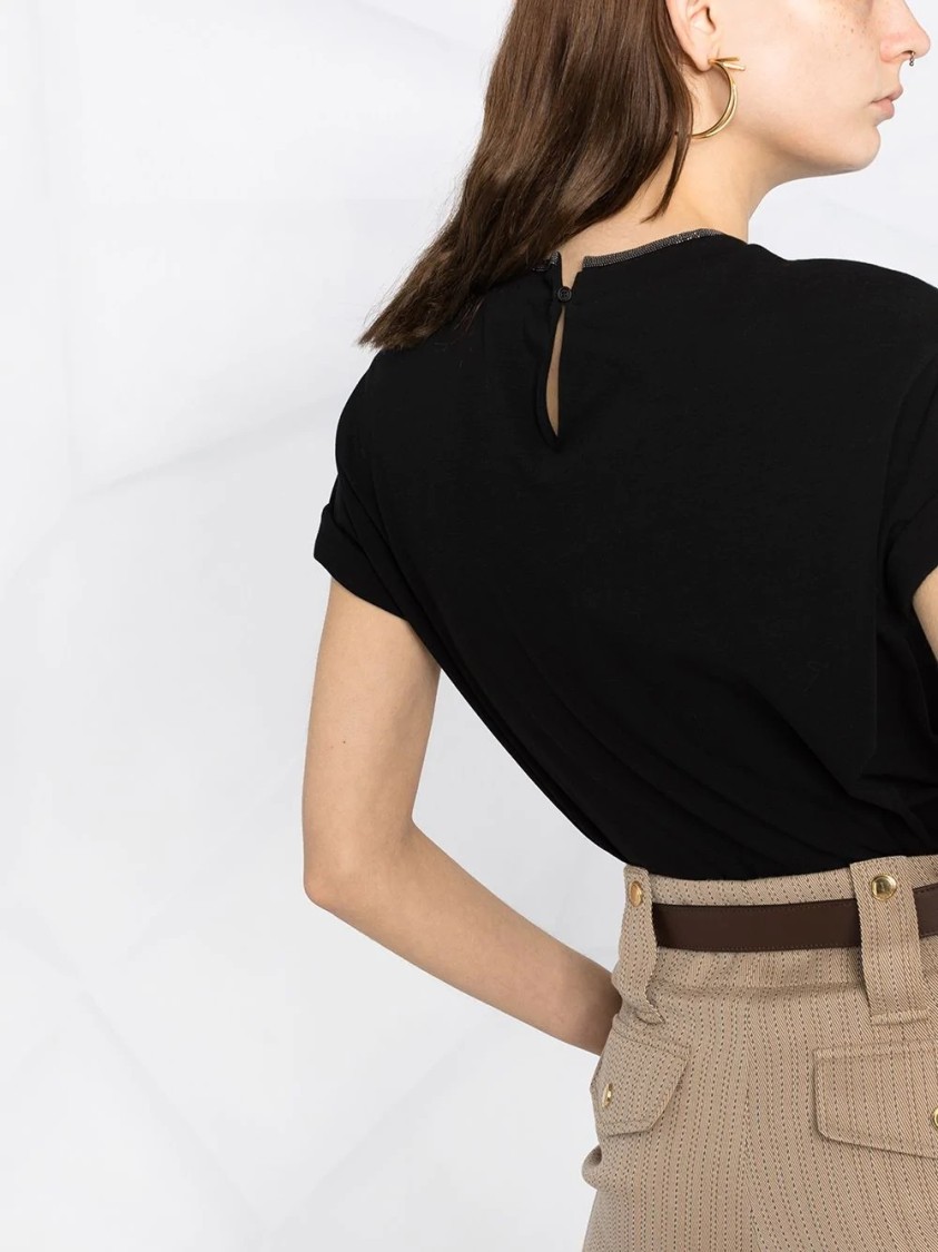 Brunello Cucinelli Short-sleeved T-shirt With Rolled Sleeves And Keyhole Detail In Black