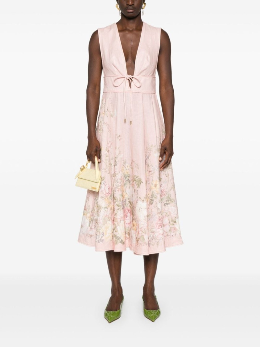 Shop Zimmermann Linen Dress With Floral Print And Adjustable Tie Waist In Neutrals