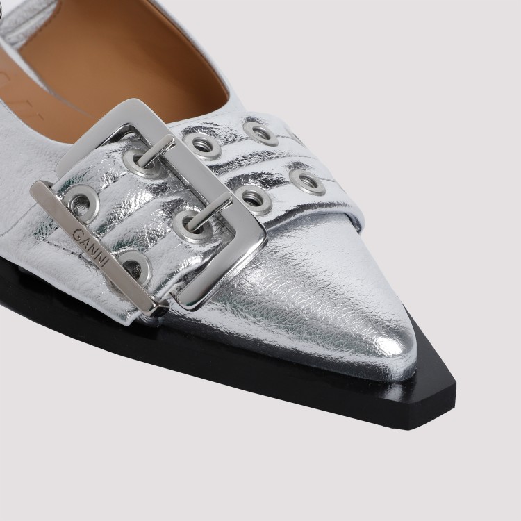 Shop Ganni Feminine Buckle Metallic Silver Polyester Ballerinas In White