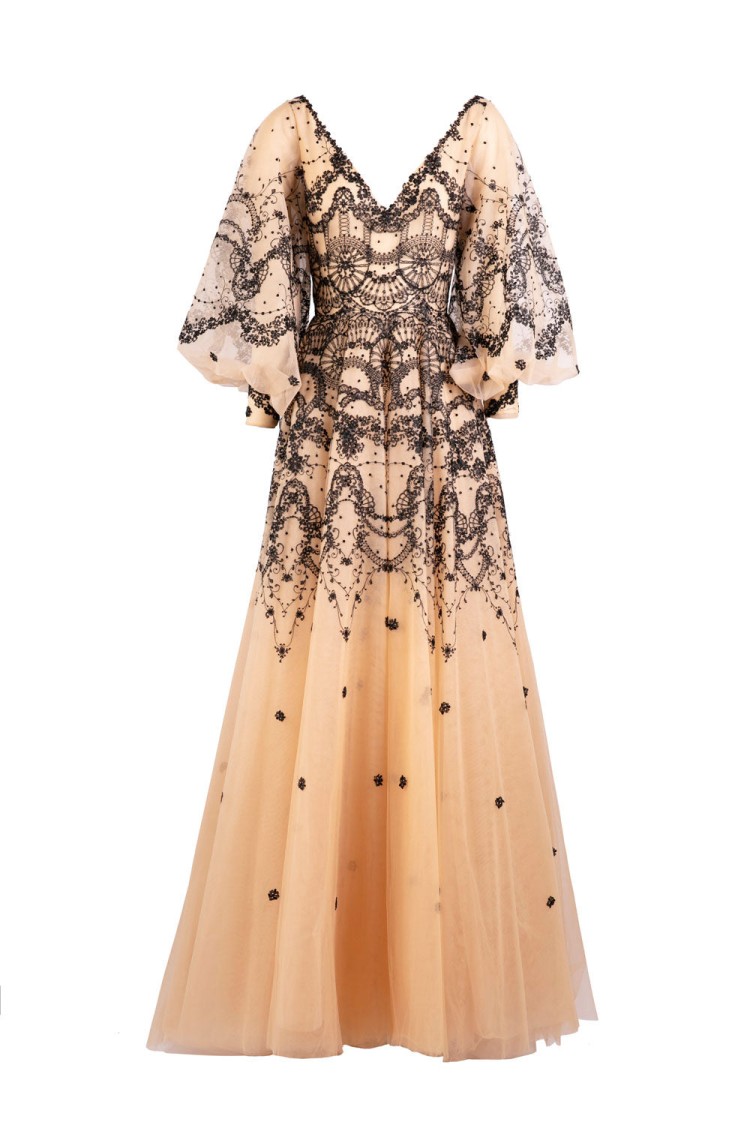 Saiid Kobeisy Tulle Embroidered Gown With Belt In Neutrals