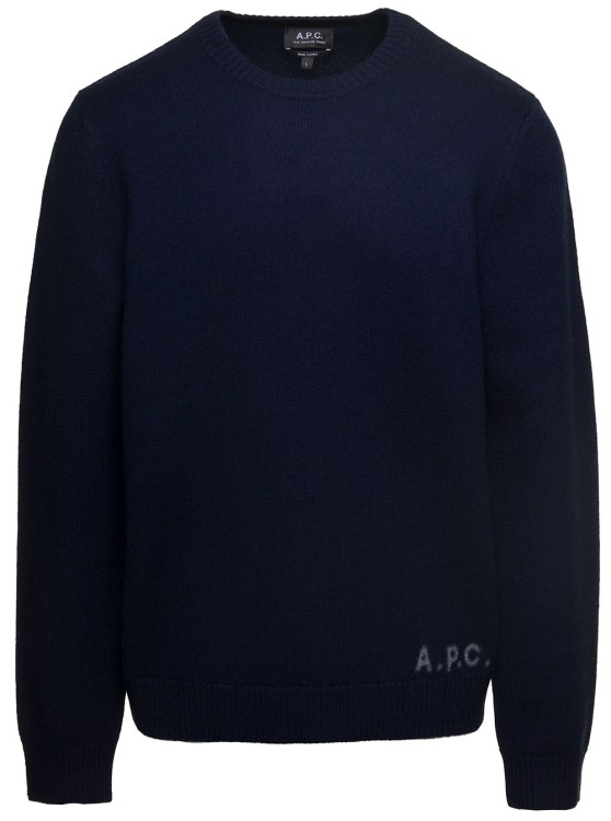 Shop Apc Edward' Blue Crewneck Sweater With Embroidered Logo In Wool In Black