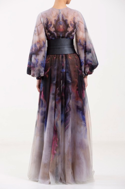Shop Saiid Kobeisy Chromatic Printed Tulle Dress In Grey