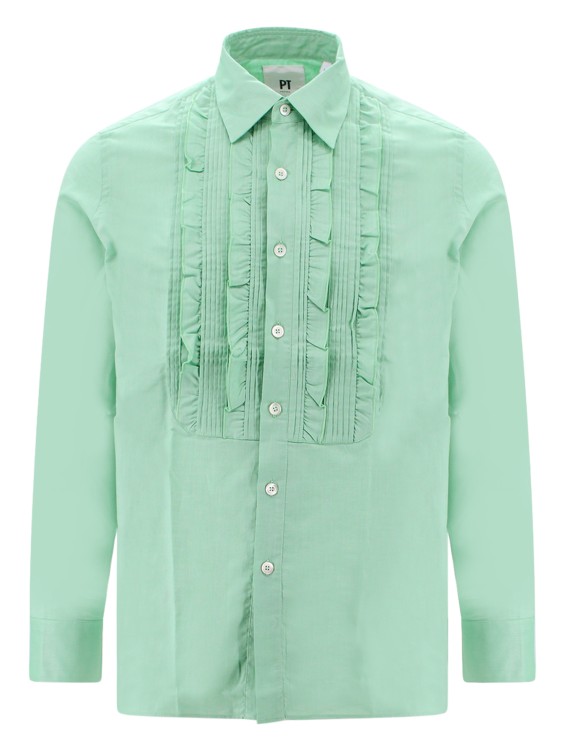 Shop Pt Torino Green Cotton Shirt With Rouches