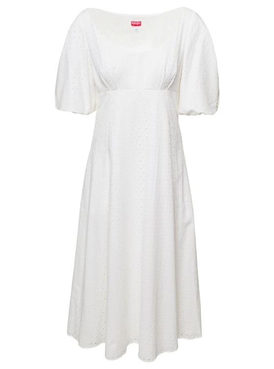 Shop Kenzo White Puff Sleeve Embroidered Midi Dress In Cotton