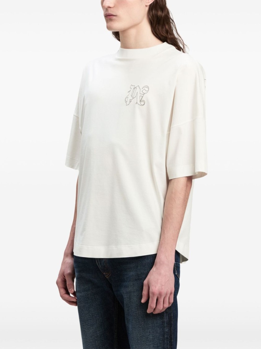 Shop Palm Angels Crisp Cotton T-shirt With Rib Detail And Signature Logo In White