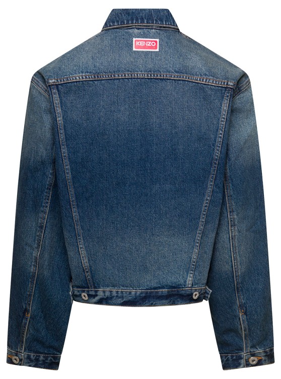 Shop Kenzo Blue Denim Jacket With Logo Patch And Contrasting Stitching In Cotton Denim In Grey