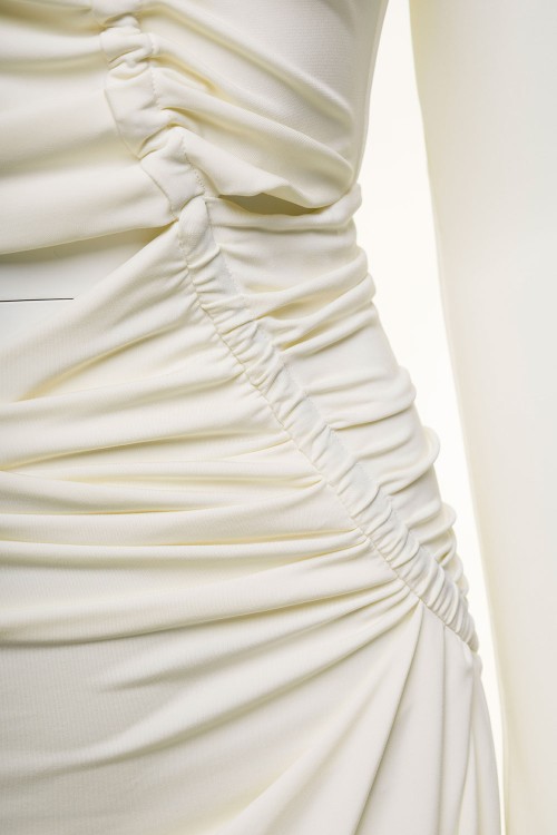 Shop Off-white Midi White Dress With Cut And Gathering Details In Viscose Stretch