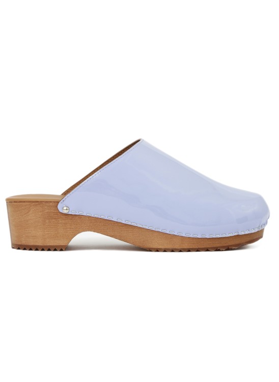 Figure Decorative Wood Base Clogs With Sketched Pattern In Purple