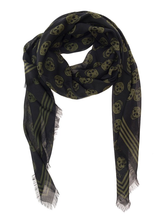 Shop Alexander Mcqueen Black And Military Green Scarf With Skull And Logo Print In Modal