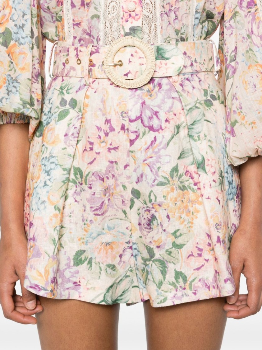 Shop Zimmermann Multicolor Belted Shorts With All-over Floral Print In Linen In Neutrals