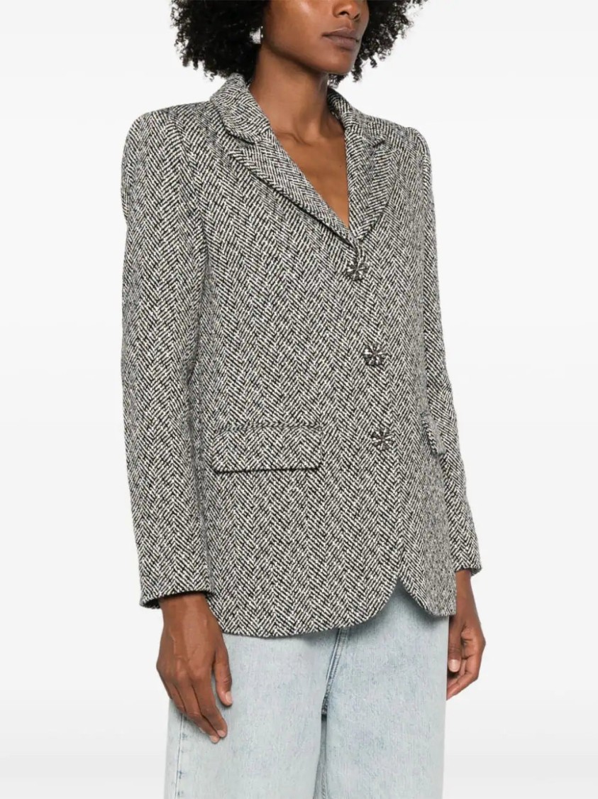 Shop Self-portrait Herringbone Blazer In Grey