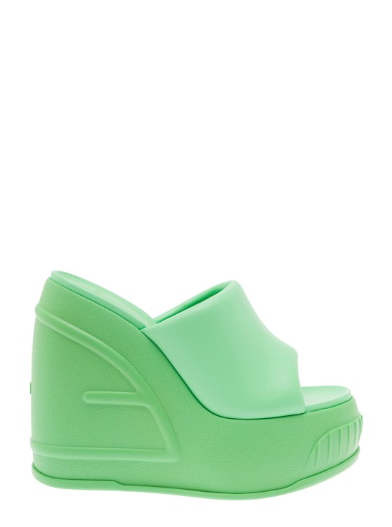 FENDI GREEN PLATFORM SLIDES WITH EMBOSSED OVERSIZED FF PATTERN IN LEATHER