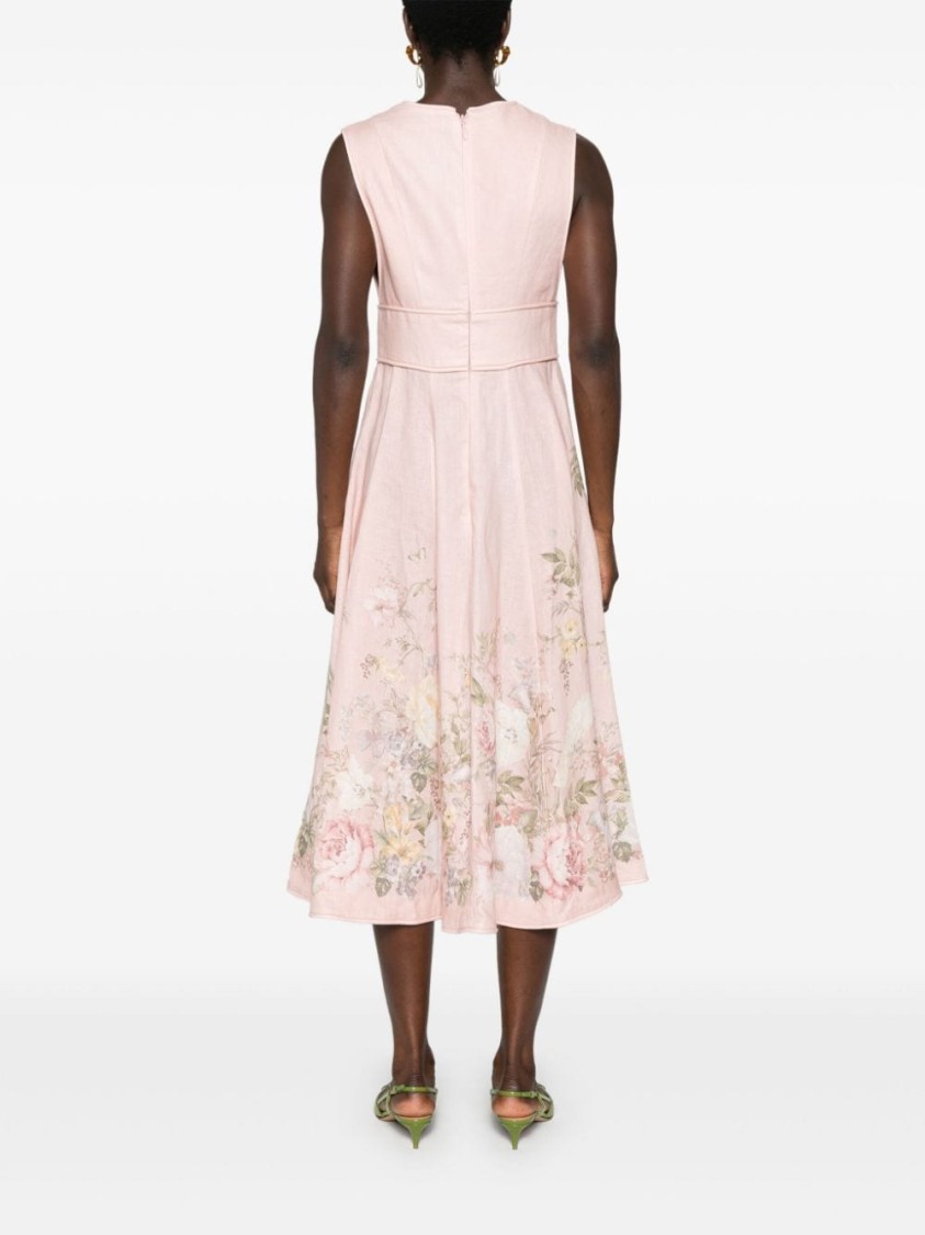 Shop Zimmermann Linen Dress With Floral Print And Adjustable Tie Waist In Neutrals