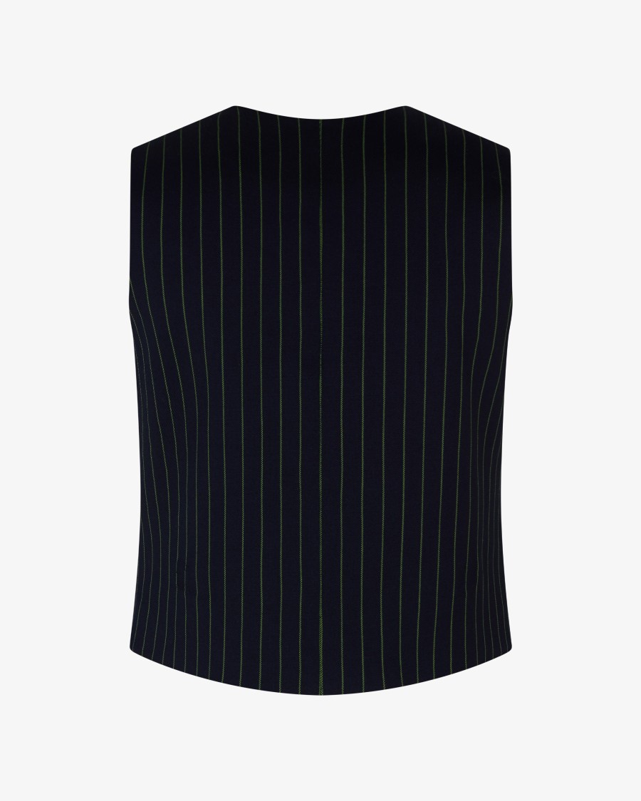 Serena Bute Wool Pinstripe Waistcoat - Navy/green In Blue