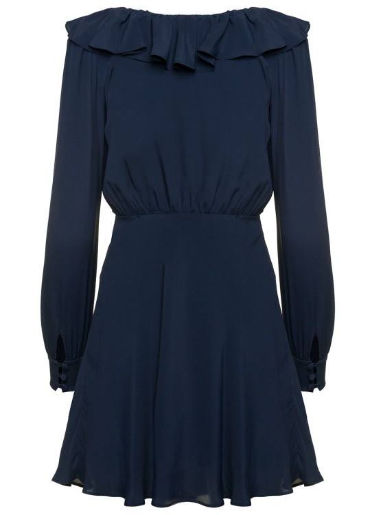 Shop Alessandra Rich Blue Mini Dress With Volant Collar And Velvet Bow In Acette Blend