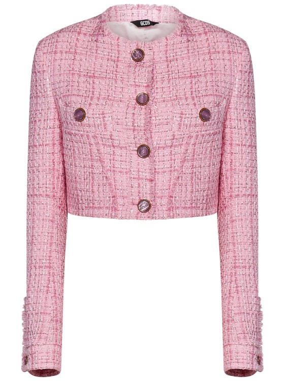 Gcds Button-up Cropped Tweed Jacket In Pink