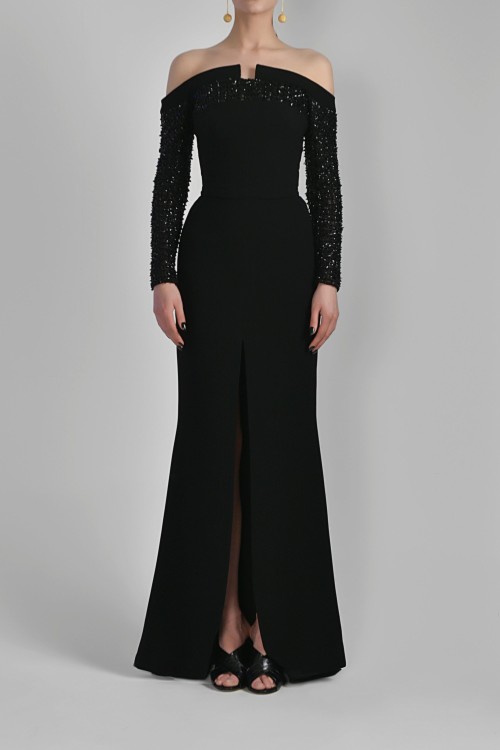 Shop Saiid Kobeisy Off-shoulder Crepe Dress With Beading In Black