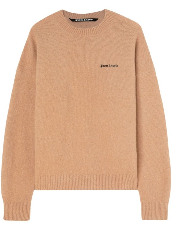 Shop Palm Angels Beige Logo Embroidered Sweater In Brown