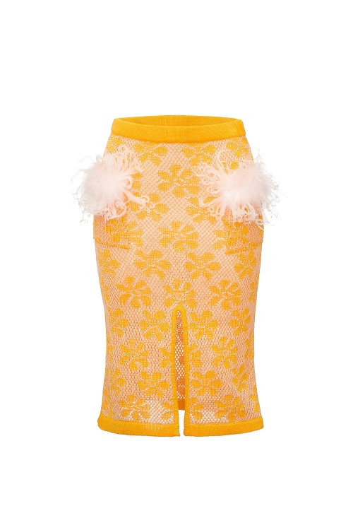 ANDREEVA YELLOW KNIT SKIRT WITH FEATHER DETAILS,9456e6b6-e8af-0d25-4f4a-34d76c987c5c