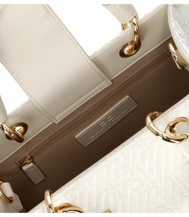 Shop Elisabetta Franchi Ivory Jacquard Raffia Small Handbag In Neutrals