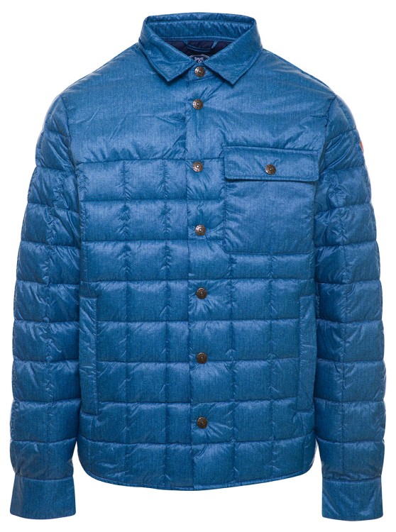 Shop Save The Duck Blue Quilted Down Jacket With Logo Patch In Denim Printed Nylon