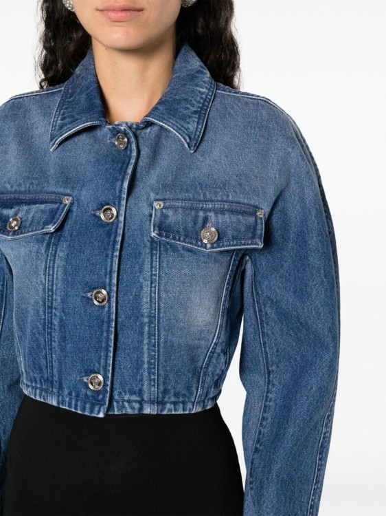 Shop Versace Blue Verasce Rounded Denim Jacket