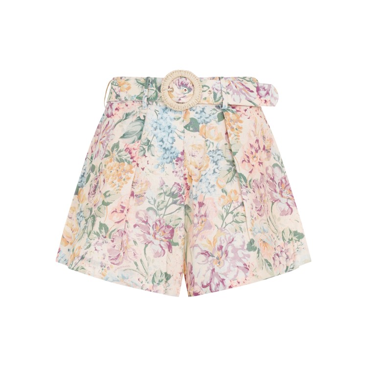 Shop Zimmermann Multi Watercolor Floral Linen Halliday Tuck Short In Neutrals