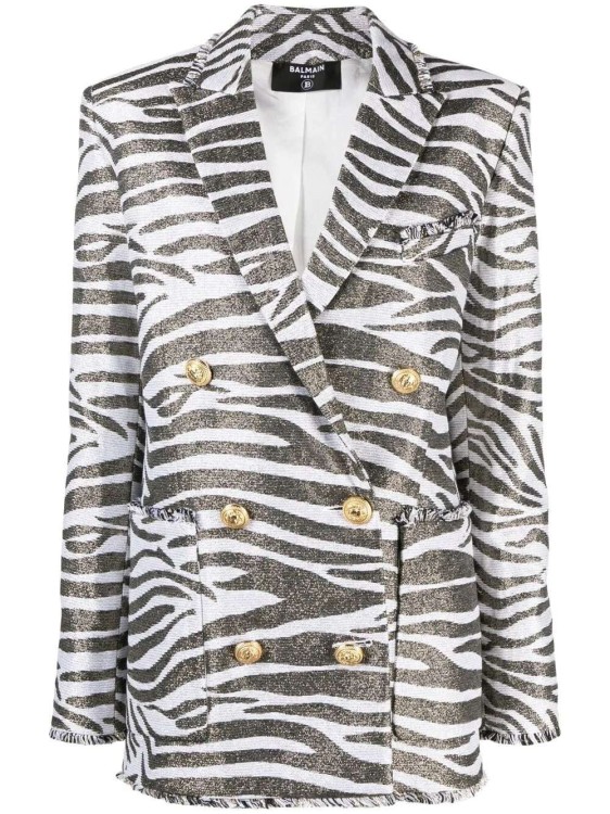 Balmain Zebra-print Double-breasted Coat In White