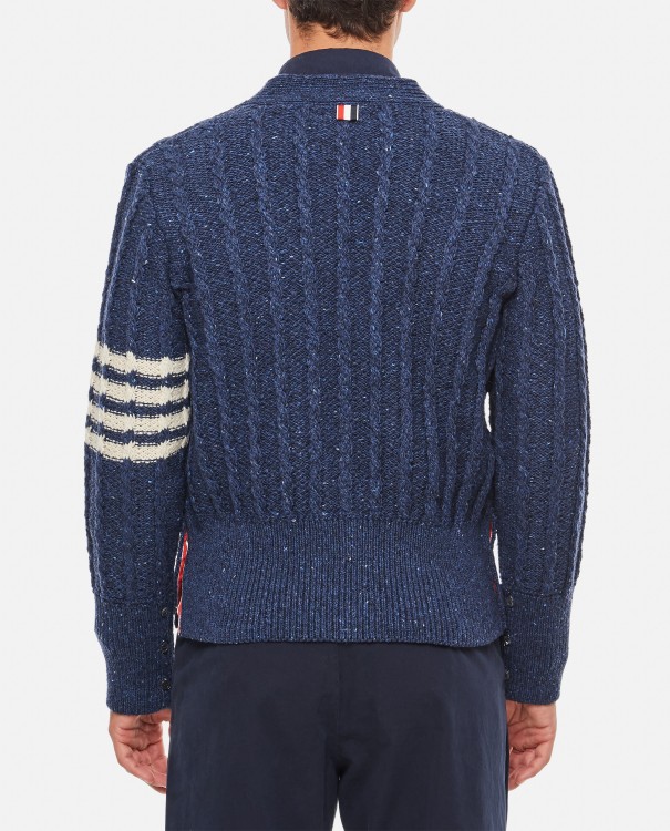 Shop Thom Browne Twist Cable Classic V Neck Cardigan In Donegal 4 Bar Stripe In Blue