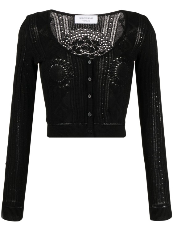 Marine Serre Black Pointelle Knit Cropped Cardigan In Black