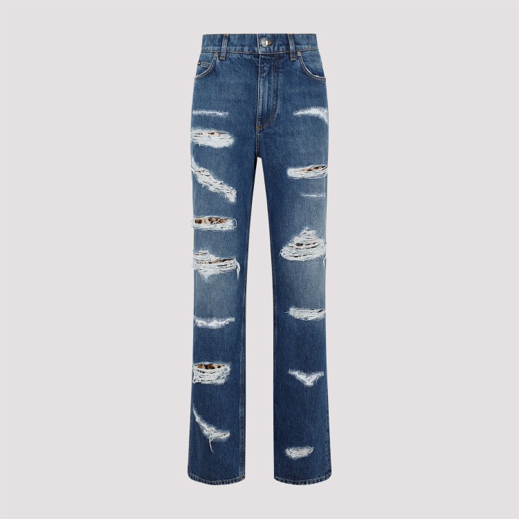Dolce & Gabbana Distressed Jeans With Leo Print In Blue