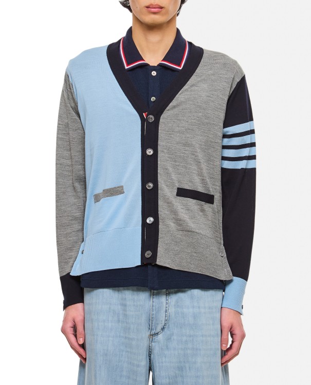Shop Thom Browne 4 Bar Stripe Classic V Neck Wool Cardigan In Blue