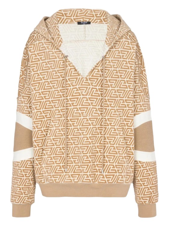 Balmain Monogram-print Striped-edge Hoodie In Neutrals