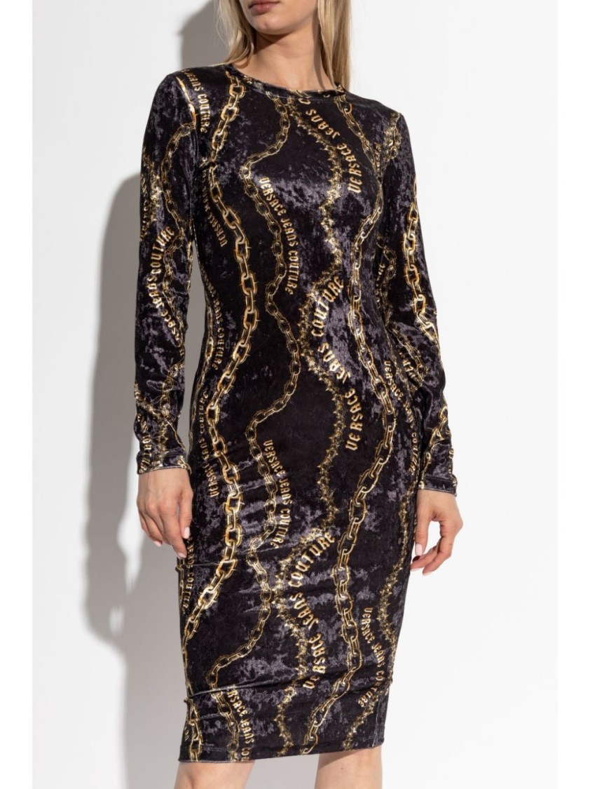 Versace Jeans Couture Black Chain Couture Velvet Midi Dress In Black