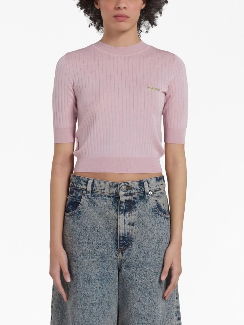 Marni Ribbed Knit Top With Fitted Silhouette In Pink