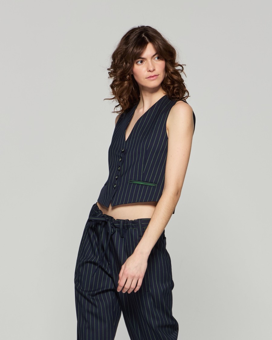 Serena Bute Wool Pinstripe Waistcoat - Navy/green In Blue