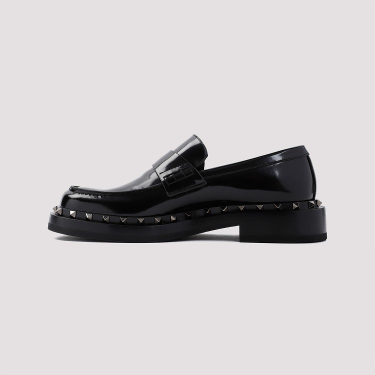 Shop Valentino Black Brushed Calf Leather Rockstud Loafer