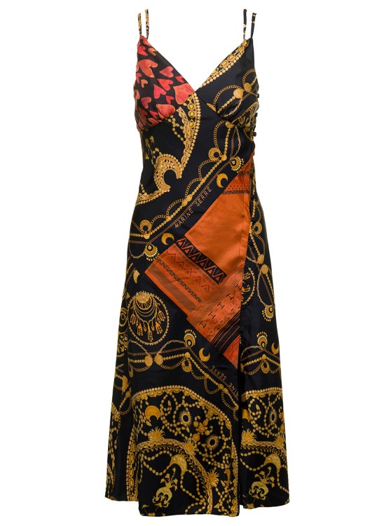 Shop Marine Serre Midi Multicolor Dress With Double Straps And Ornament Jewelry Print In Silk In Black