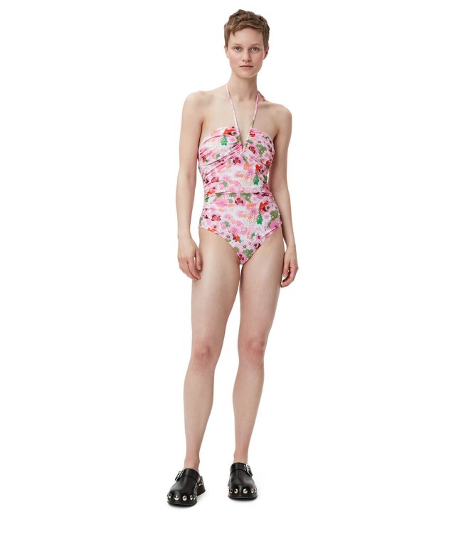 Shop Ganni Pink Floral Swimsuit
