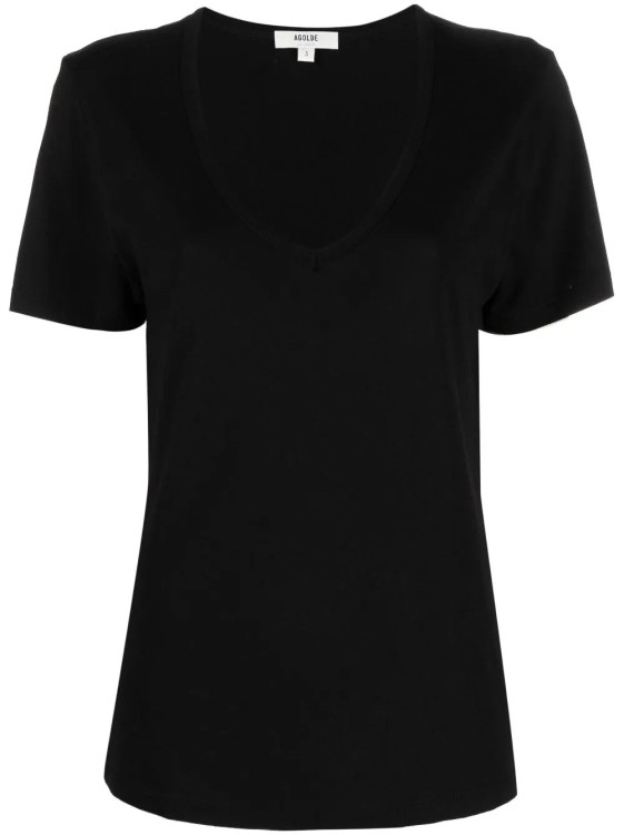 Shop Agolde V-neck Cotton-blend T-shirt In Black