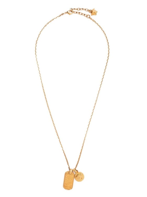 Shop Versace La Greca-tag Pendant Necklace In Orange