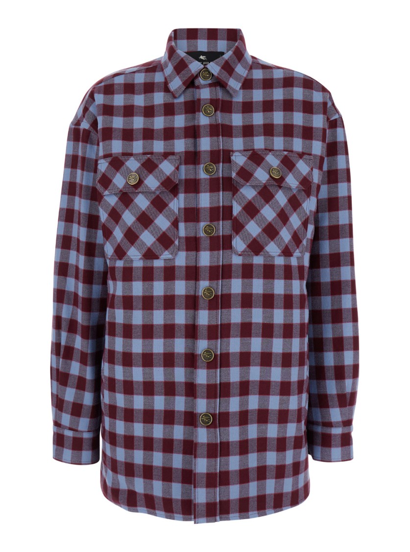 Shop Etro Red And Light Blue Overshirt With Check Motif In Cotton In Multicolor