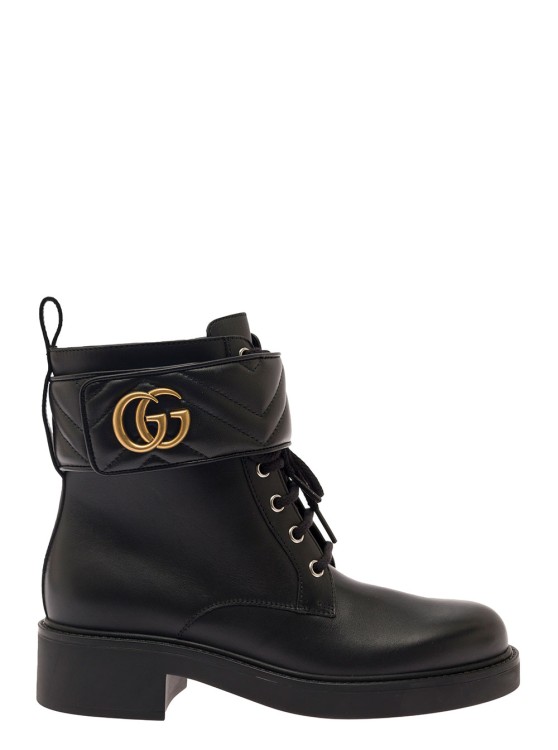 GUCCI BLACK ANKLE BOOT WITH DOUBLE 'G' AND TEXTURED HARDWARE IN LEATHER