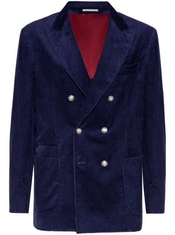 Brunello Cucinelli Corduroy Double-breasted Jacket Peak Lapels In Blue
