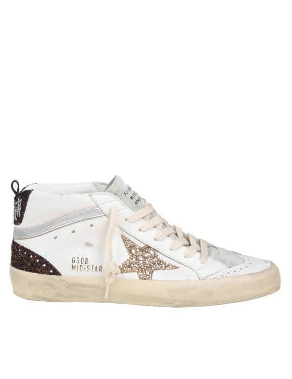 Shop Golden Goose Mid Star In Leather And Suede With Glitter Star In White
