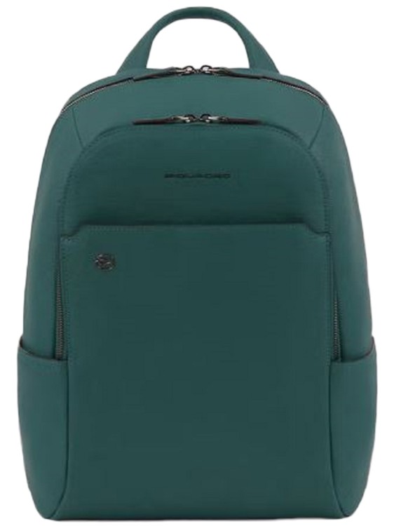 Piquadro Green Leather Backpack With Rfid Protection